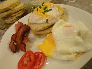 Broccoli and Cheddar Whole Wheat Pancakes with Bacon and Eggs