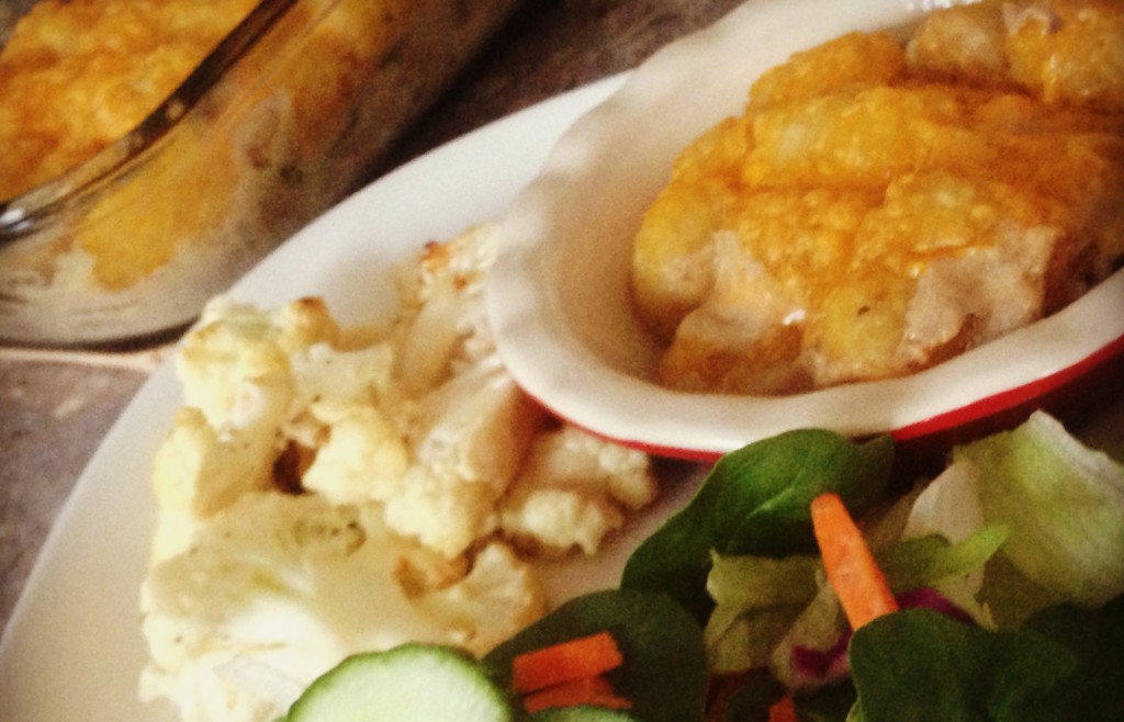 Tater Tot Casserole with Roasted Cauliflower and Garden Salad